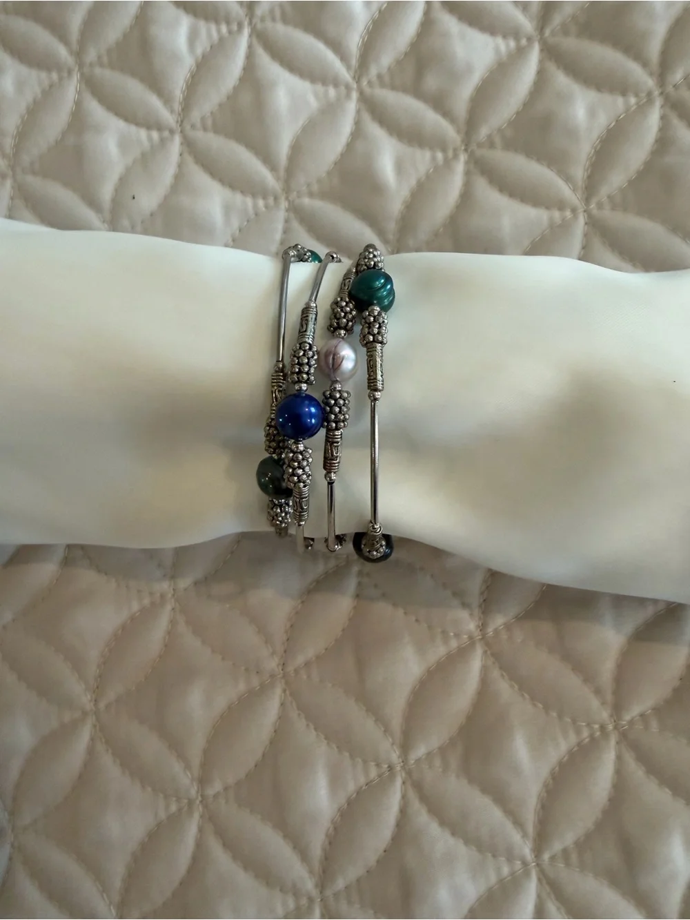 Silver-Tone Stackable Beaded Bracelet Set with Blue, Green and Pearl Accents